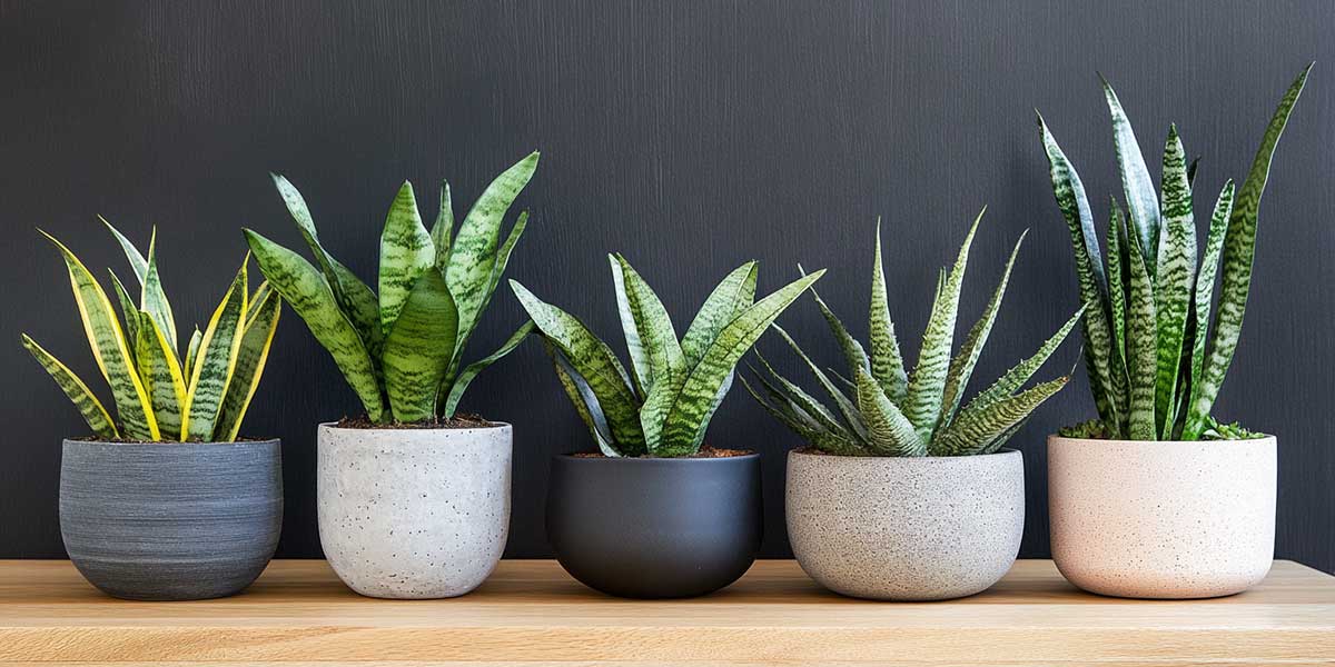 Collection of 10 low-light indoor plants including snake plant, ZZ plant, and pothos arranged in stylish pots on dark shelves