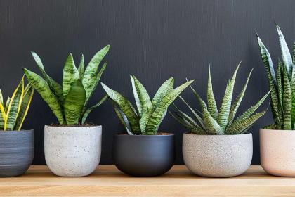 Collection of 10 low-light indoor plants including snake plant, ZZ plant, and pothos arranged in stylish pots on dark shelves